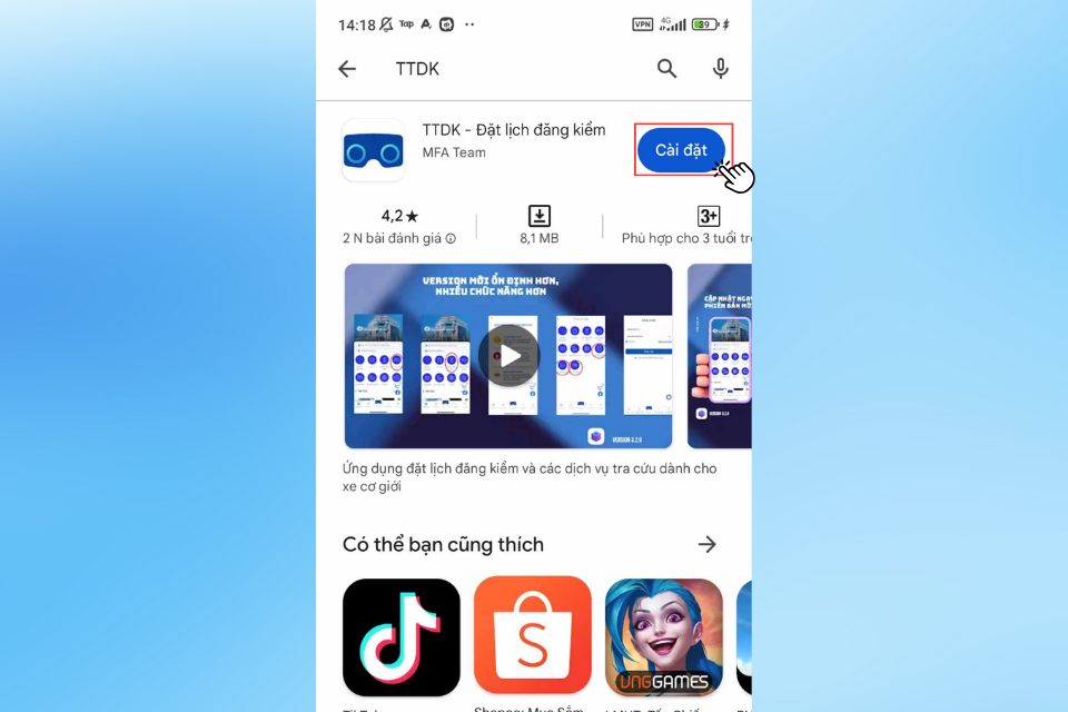 Nhấn vào Cài đặt để tiến hành cài đặt ứng dụng TTDK