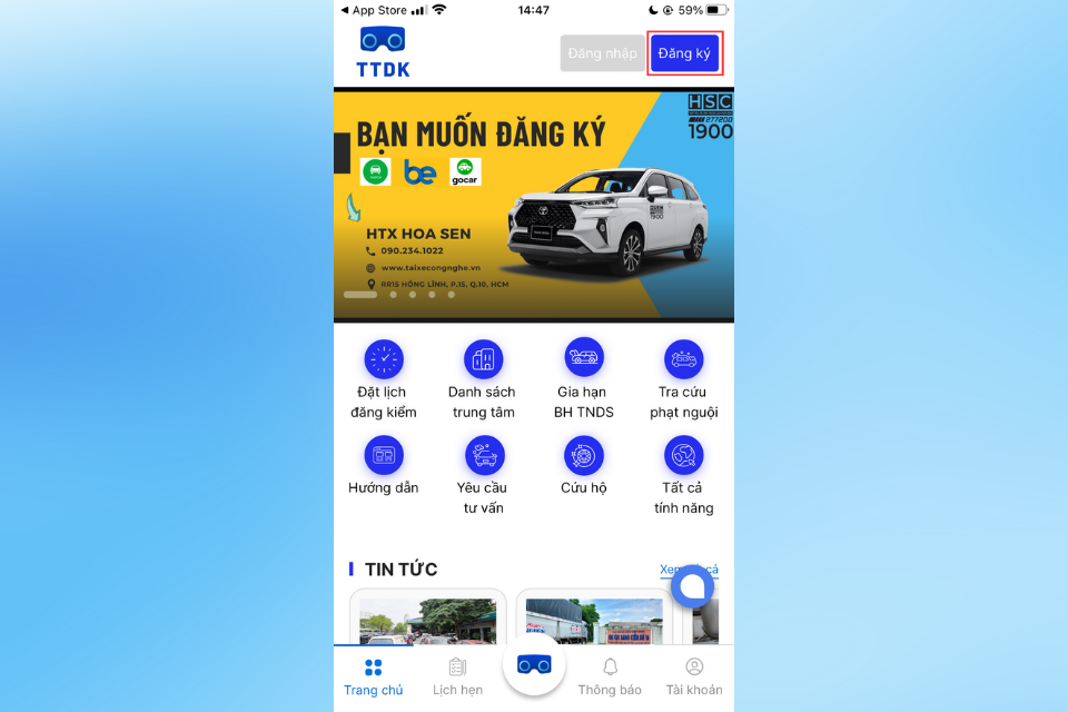 Mở ứng dụng và nhấn vào Đăng ký