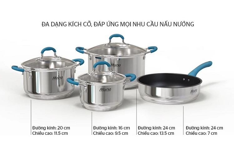 Có nhiều nồi chảo kích cỡ khác nhau trong bộ nồi