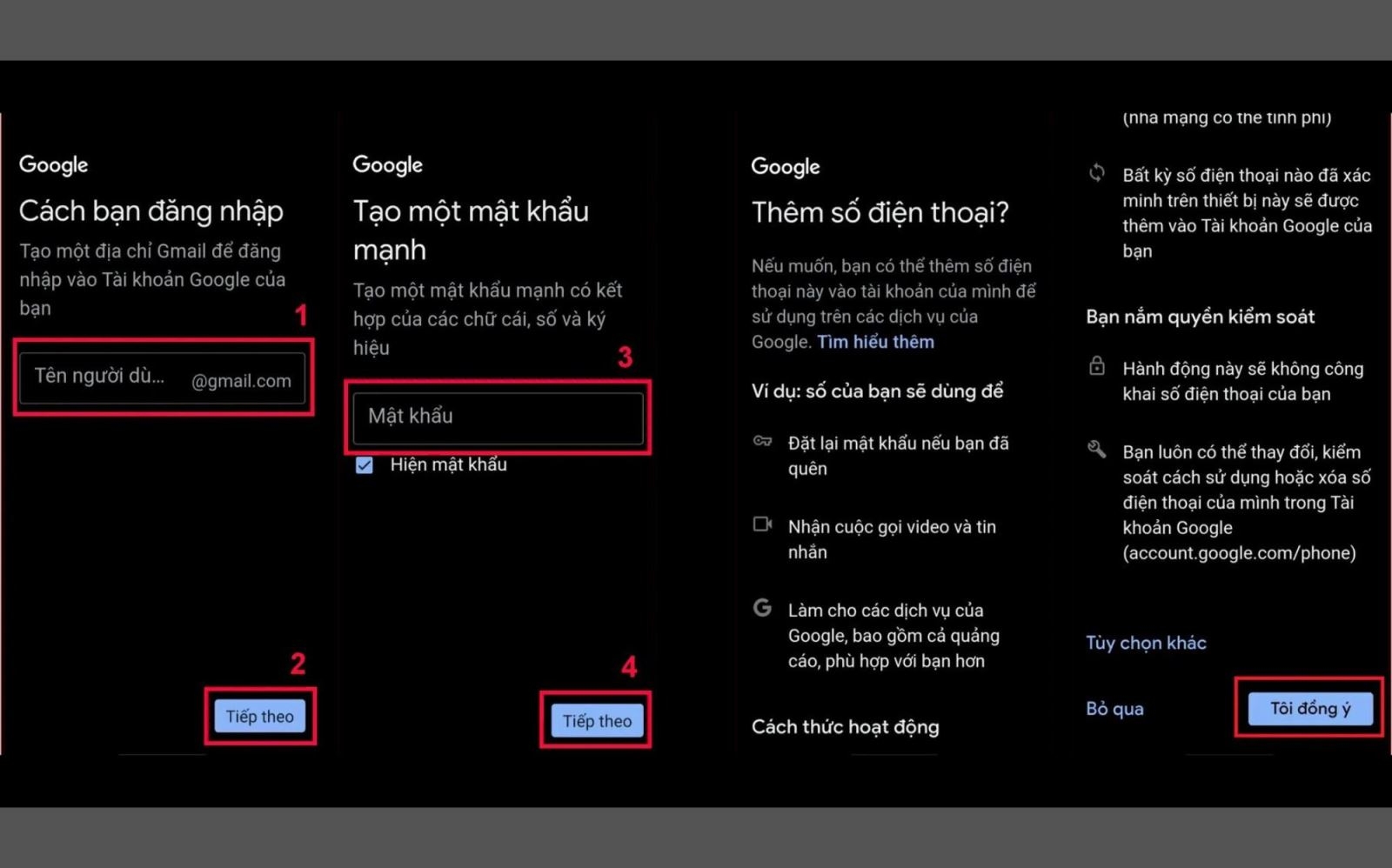 Tạo địa chỉ Gmail và nhập mật khẩu