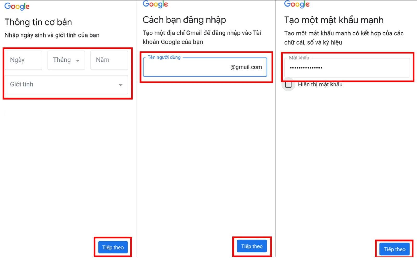 Điền tên người dùng và đặt mật khẩu