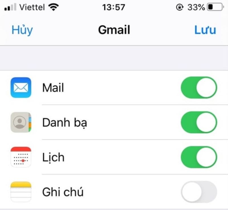 Gạt nút xanh để kích hoạt Mail