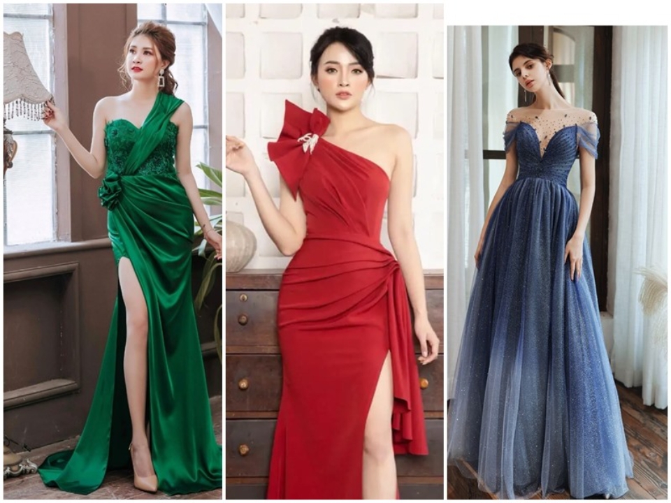 Đầm + túi xách + giày cao gót cùng tông màu