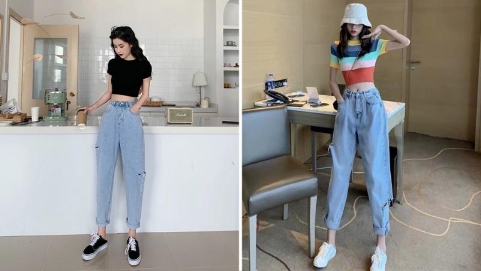 Áo Croptop + quần Baggy + giày thể thao