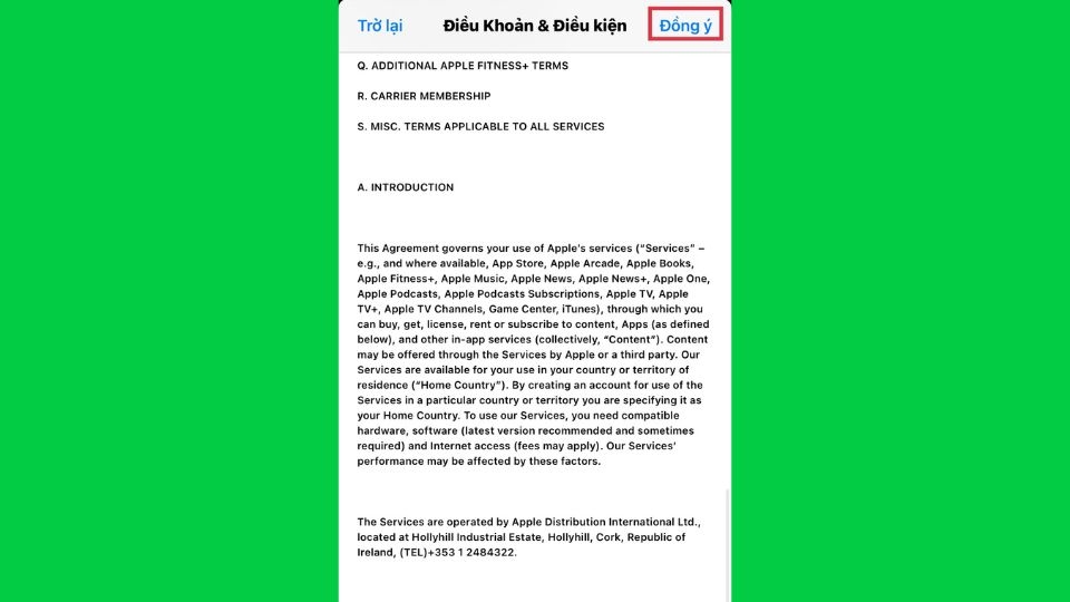 Chọn đồng ý với điều khoản và dịch vụ của Apple ID