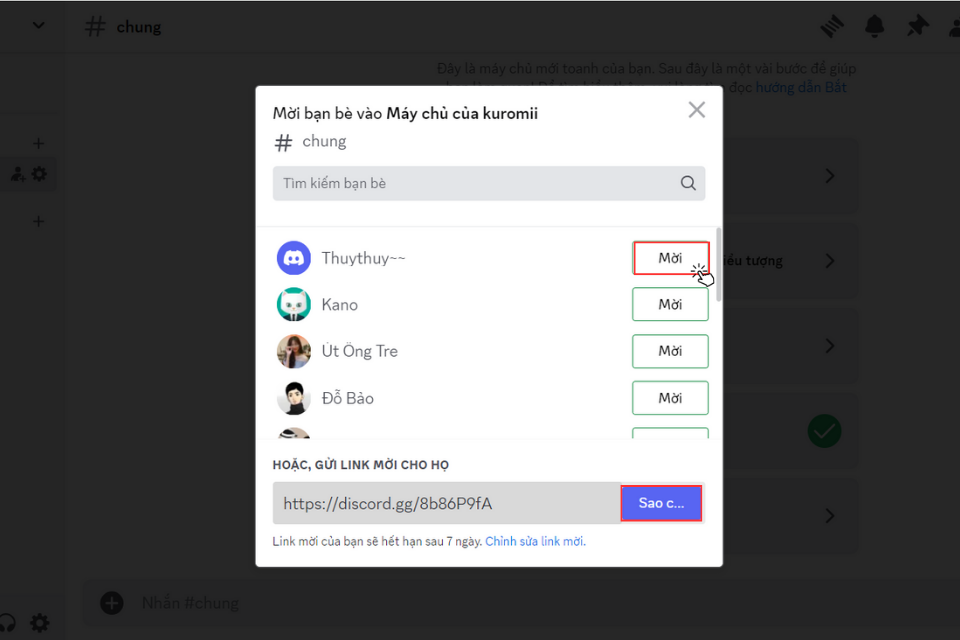 Nhấp vào nút Mời bên cạnh tên bạn bè