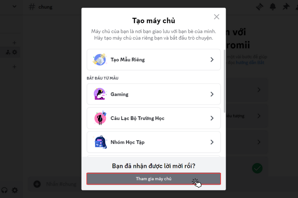 Nhấn vào Tham gia máy chủ