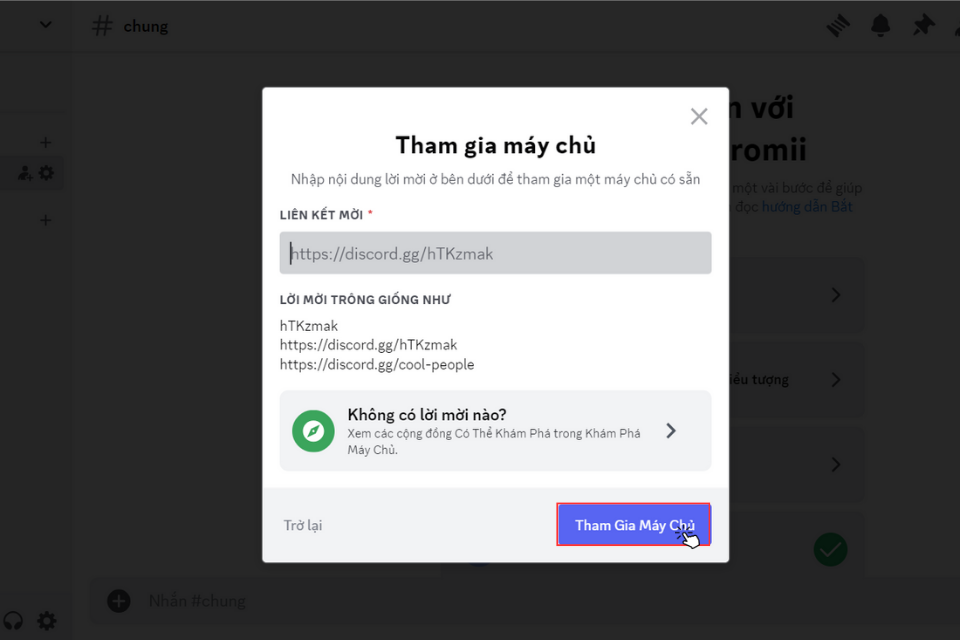 Nhập liên kết máy chủ mà bạn đang muốn tham gia