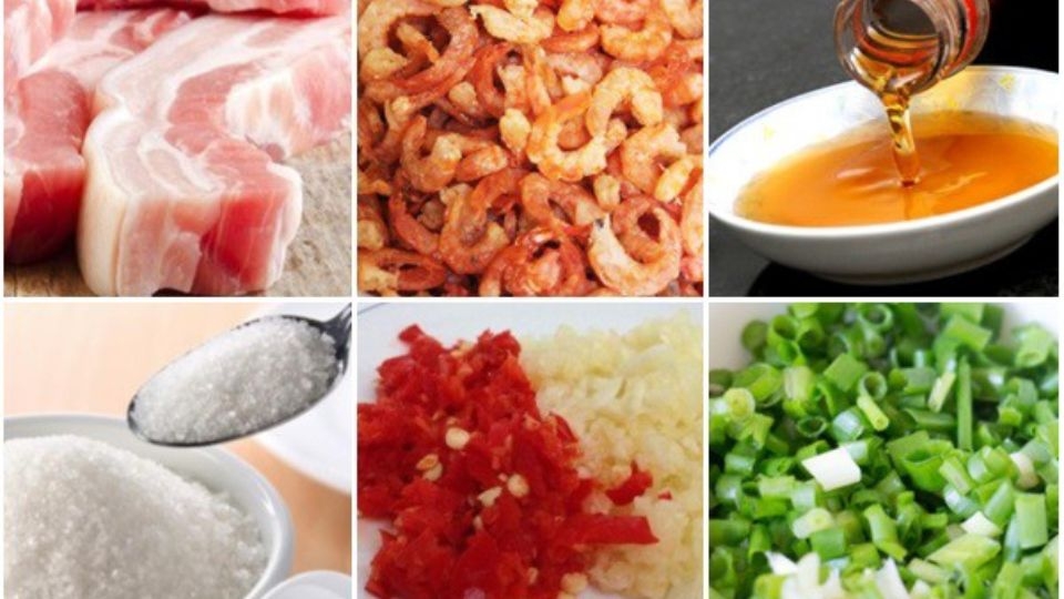 Nguyên liệu làm kho quẹt gồm có: tôm khô, tóp mỡ, thịt ba chỉ, hành, tỏi, ớt