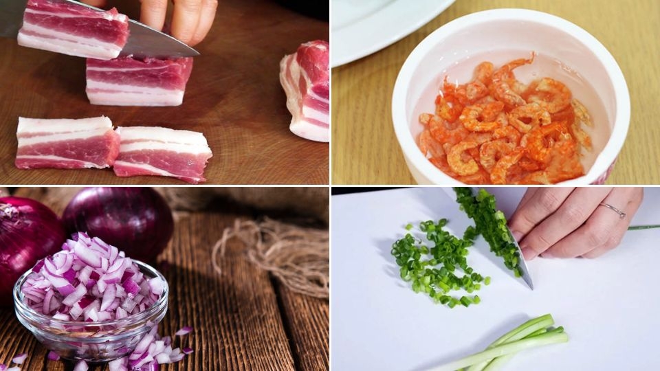 Thịt ba chỉ thái con chì, tôm ngô đem ngâm và hành tim băm nhỏ, hành lá cắt khúc