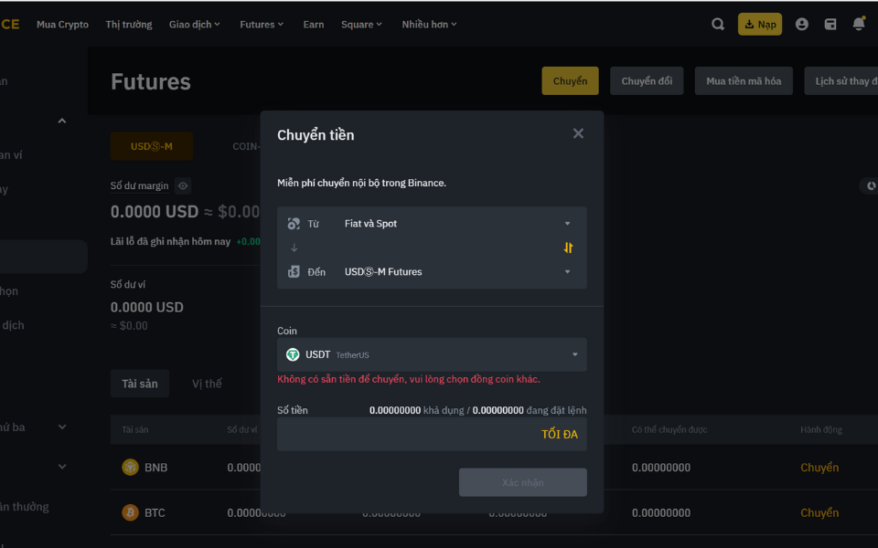 Chuyền sang vào ví future trước khi giao dịch