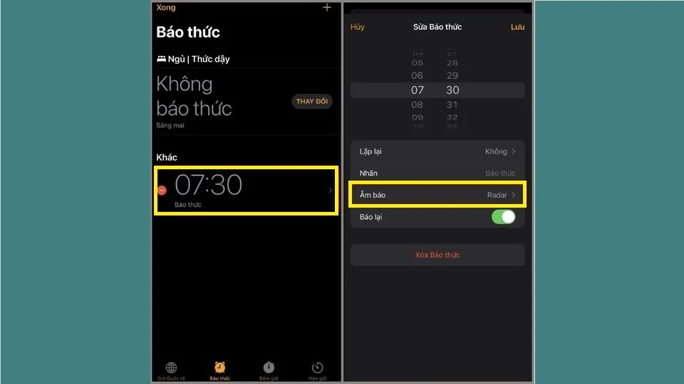 Nhấn chọn mục “Âm báo”