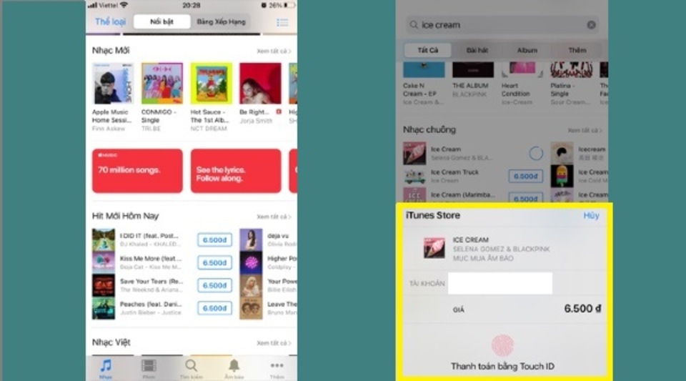 Tìm kiếm những bài hát mà hình yêu thích và tiến hành thanh toán