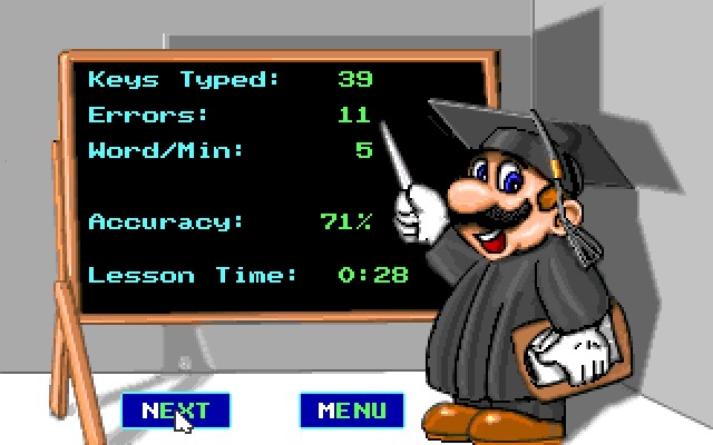 Màn hình tổng kết màn chơi của Mario Teaches Typing