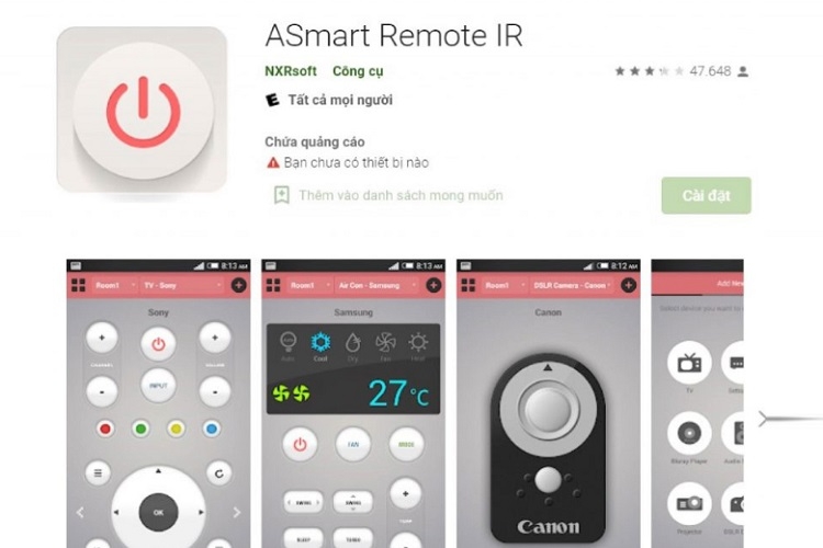 Giao diện ứng dụng Asmart Remote IR điều khiển thiết bị điện tử