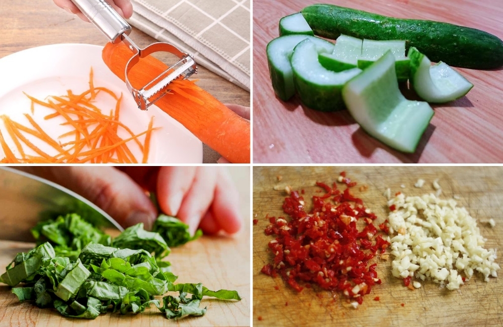 Sơ chế nguyên liệu làm món gỏi dưa leo cà rốt giòn