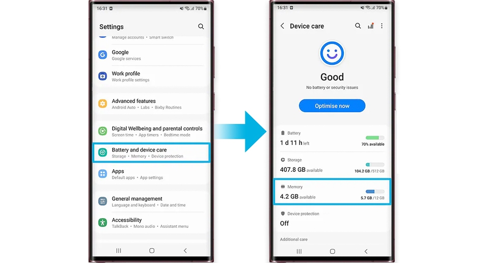 Đi tới Cài đặt > Chăm sóc pin và thiết bị > Bộ nhớ