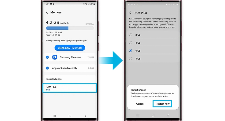 Nhấn vào RAM Plus và chọn dung lượng bộ nhớ trong bạn muốn sử dụng làm bộ nhớ ảo
