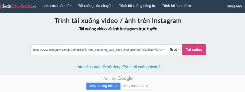 Truy cập vào trang web instadownloader.co