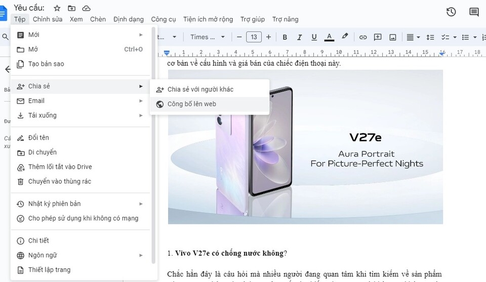 Tại mục “Chia sẻ” nhấn chọn “Công bố lên web"