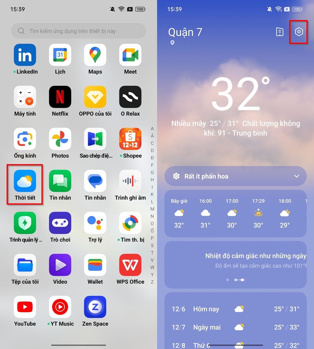 Cách bật cảnh báo trời mưa trên điện thoại OPPO 1