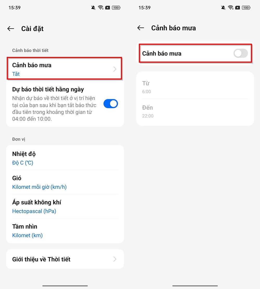 Cách bật cảnh báo trời mưa trên điện thoại OPPO 2