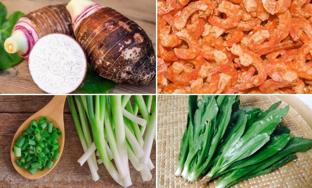 Nguyên liệu cho món canh khoai môn nấu tôm khô
