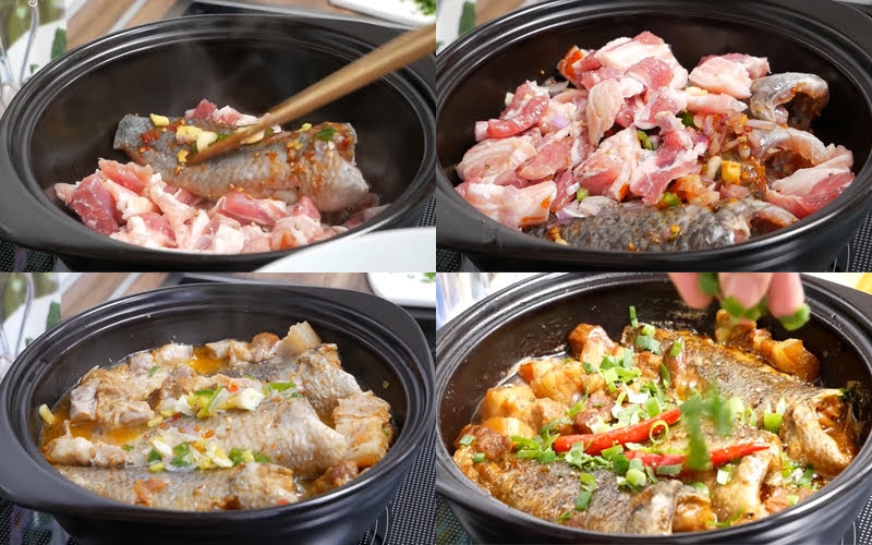 Kho cá rô cùng với lượng thịt đã được tẩm ướp gia vị trước đó