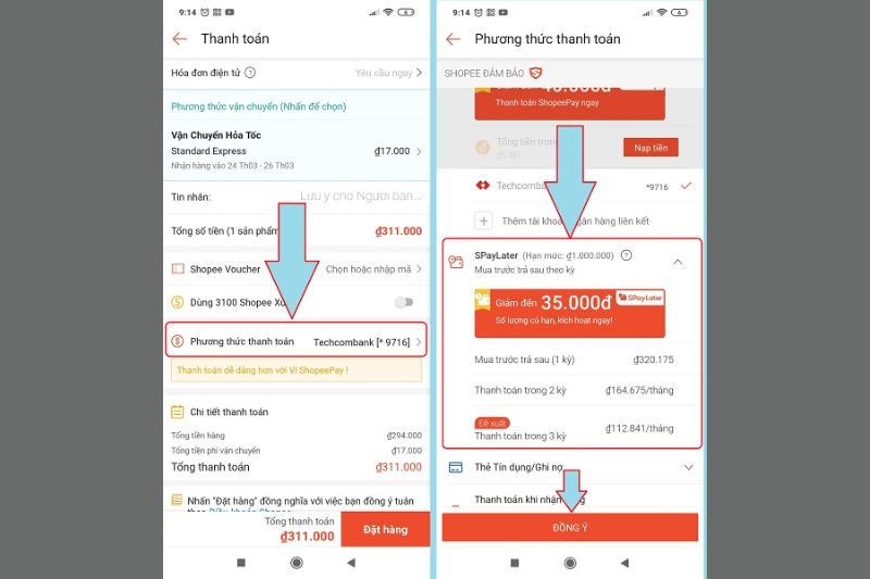 Chọn phương thức thanh toán SPayLater