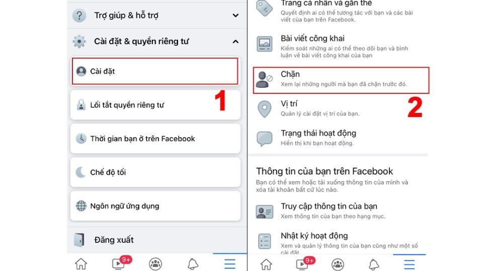 Bấm vào xem danh sách chặn sau đó lựa chọn bỏ chặn với đối tượng cần bỏ chặn 
