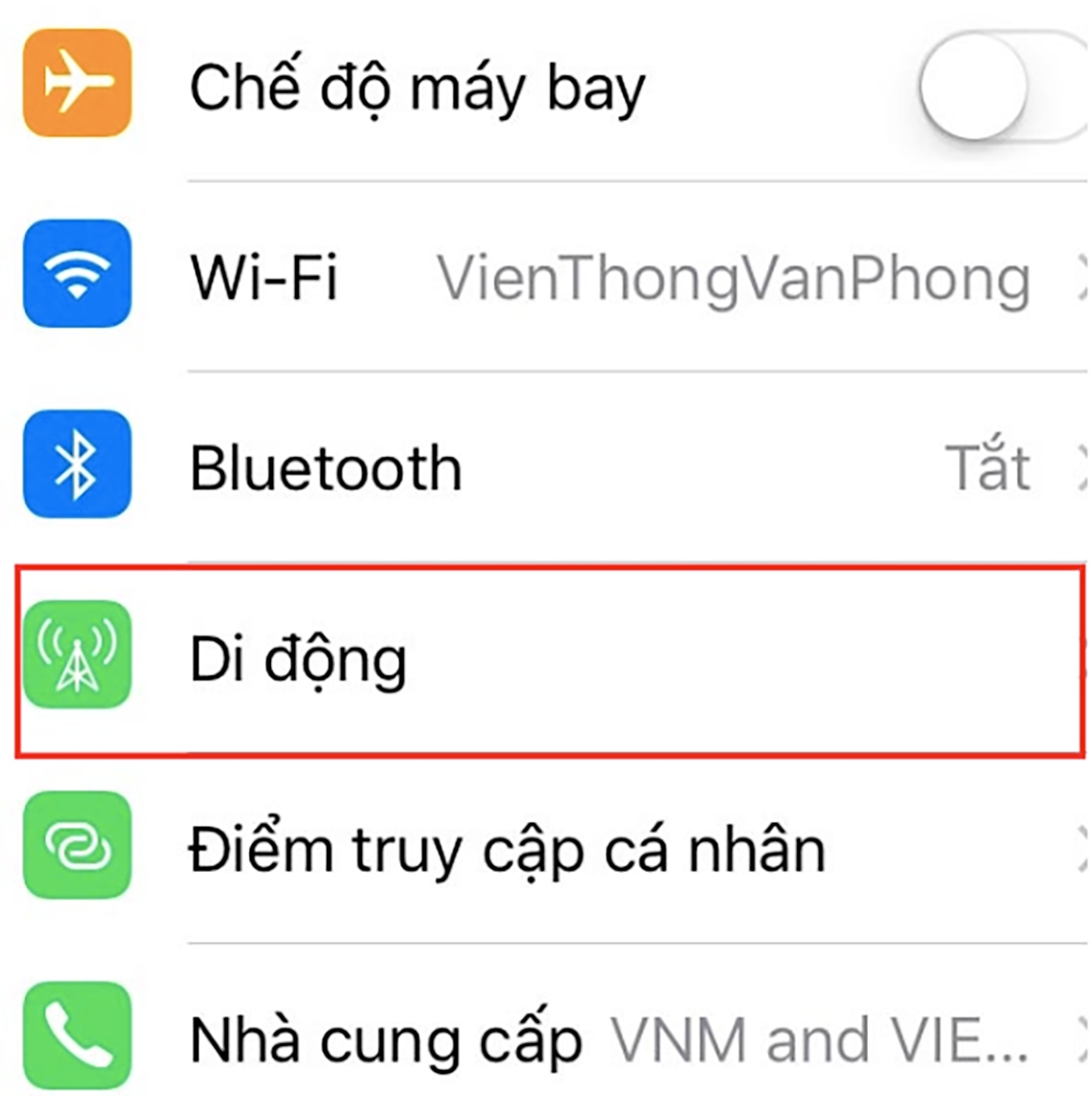 Vào mục Di động trong Cài đặt