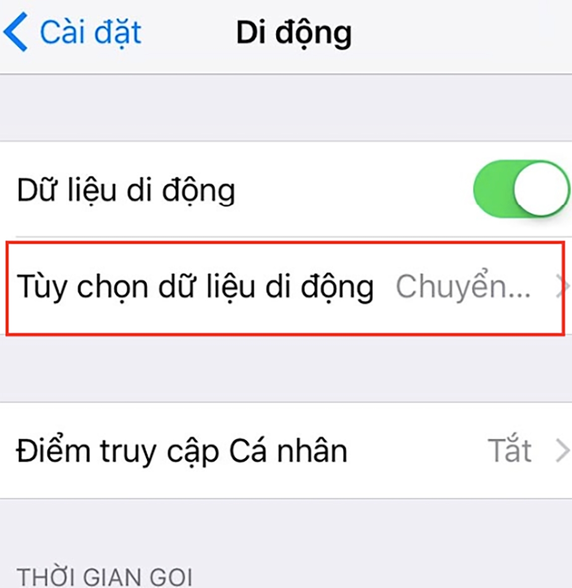 Chọn mục Tùy chọn dữ liệu di động