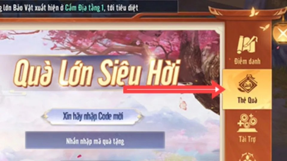 Vào Thẻ Quà, nhập code và nhấn Nhận