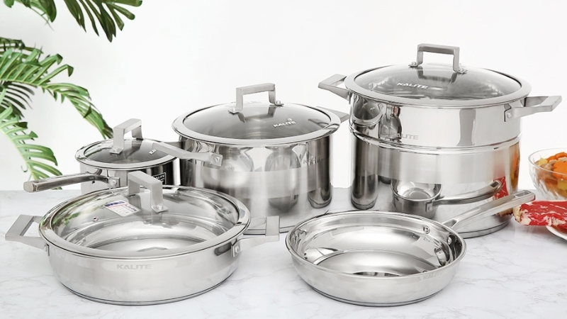 Bộ 3 nồi 2 chảo inox 5 đáy nắp kính đáy từ Kalite KL-339