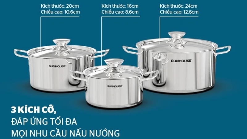 Bộ 3 nồi inox 1 đáy Sunhouse SH114