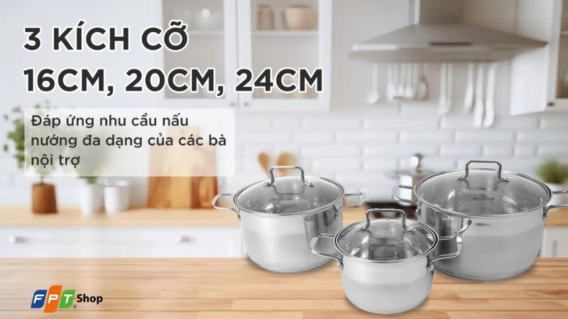 Bộ 3 nồi inox 5 đáy nắp kính Elmich Smartcook SM5961