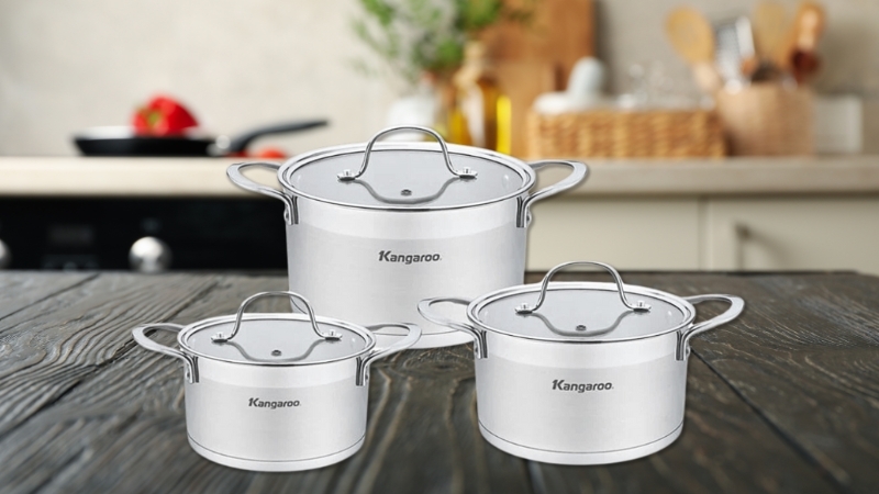 Bộ 3 nồi Inox nắp kính đáy từ Kangaroo KG877