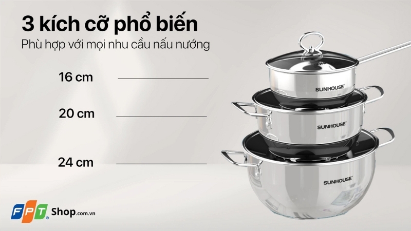 Bộ nồi inox 3 chiếc 3 đáy nắp kính Sunhouse SHG2303MSA