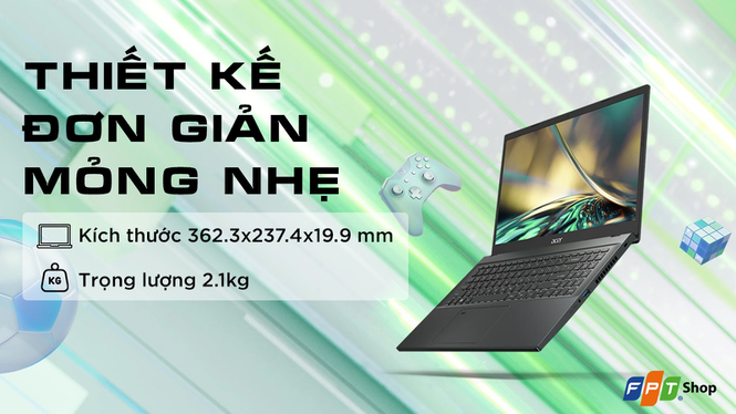 Thiết kế mỏng nhẹ của Laptop Acer Aspire 7 Gaming A715-76-57CY