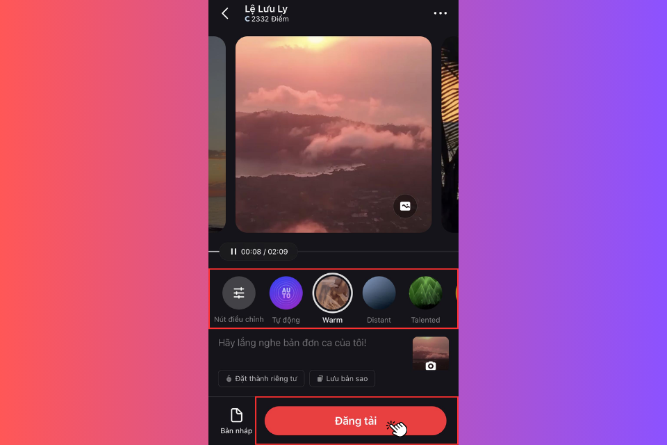 Nhấn vào nút Đăng tải để đăng tải phần hát của mình