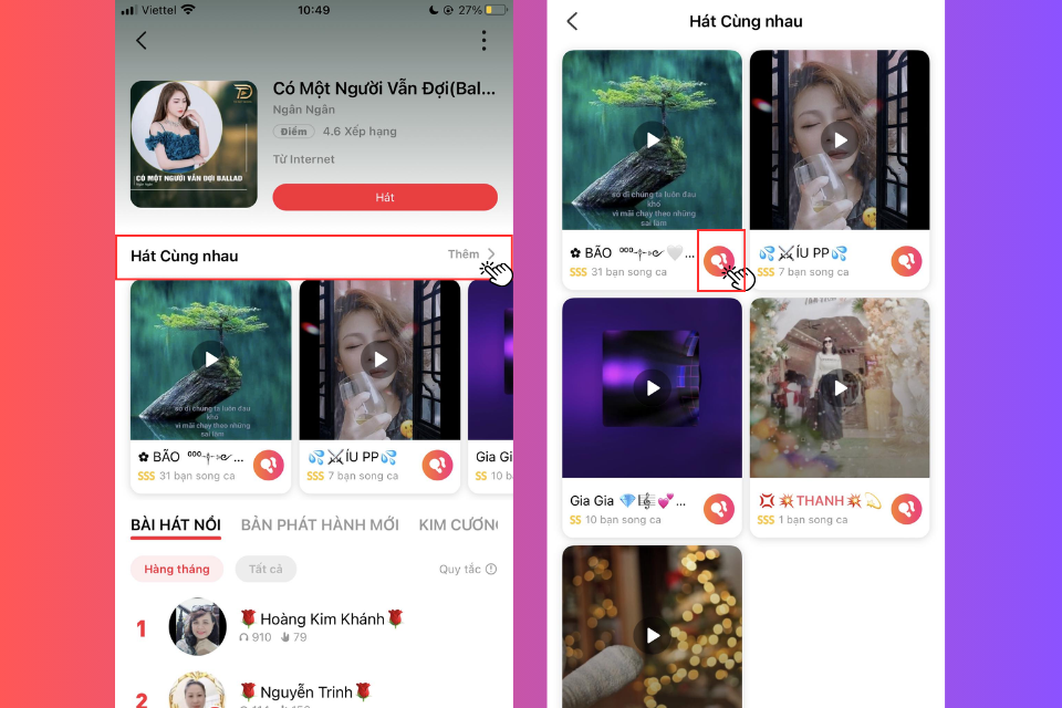 Nhấn vào Thêm tại mục Hát cùng nhau > Song ca để hát cùng