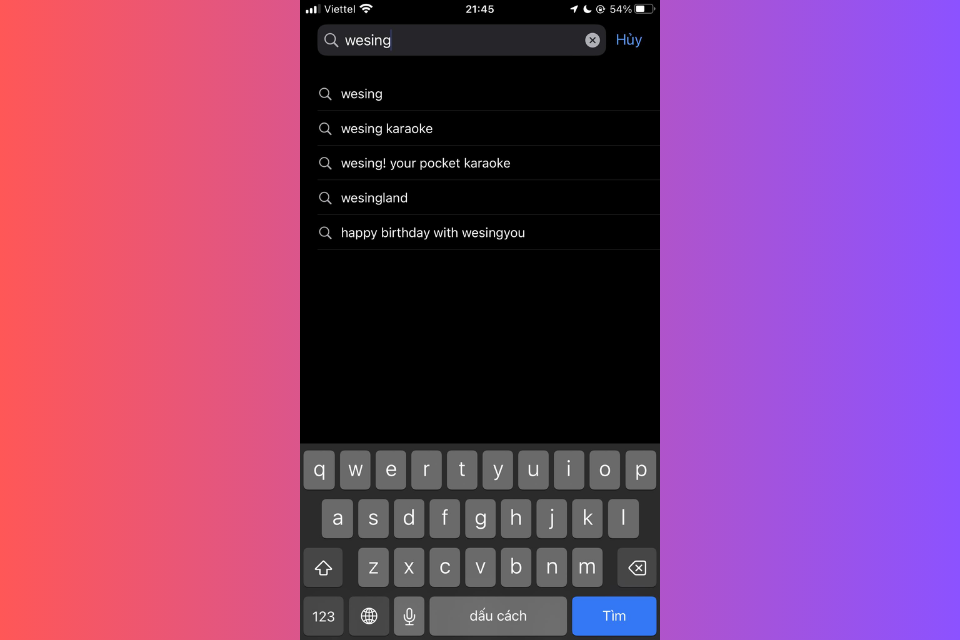 Nhập WeSing vào ô tìm kiếm