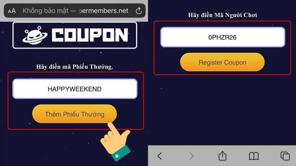 Nhập mã code và dán mã người chơi