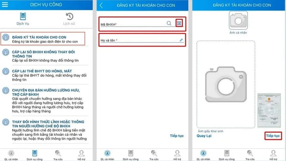 Bấm chọn mục mở tài khoản cho con và điền các thông tin như app yêu cầu