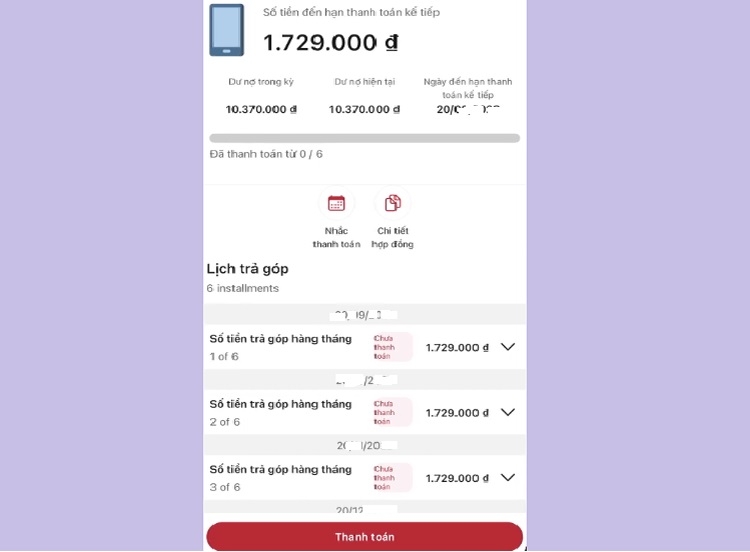 Thông tin hợp đồng vay sẽ được hiển thị