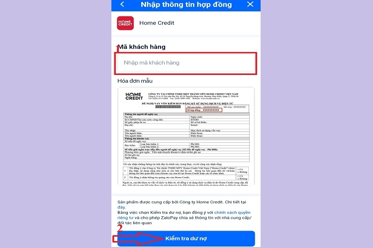 Nhập số hợp đồng và nhấn Kiểm tra