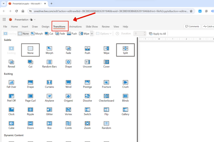 Cách thêm hiệu ứng chuyển tiếp PowerPoint Online