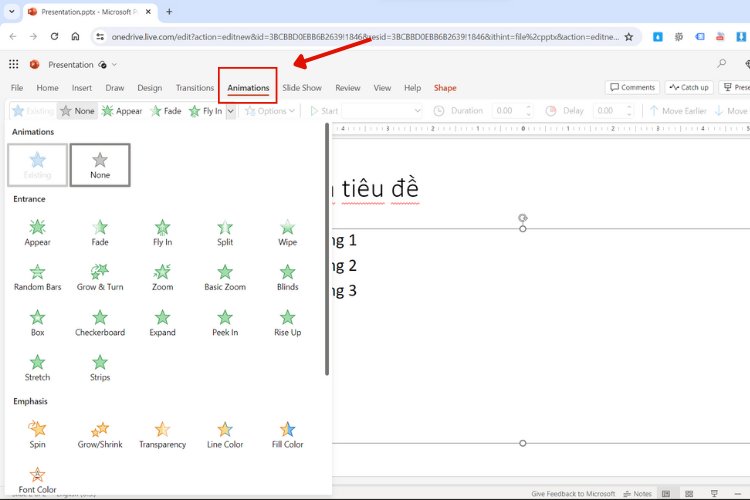 Cách thêm hiệu ứng hoạt hình trong slide PowerPoint Online