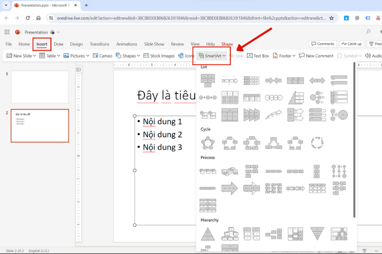Cách chèn thêm SmartArt trong PowerPoint Online