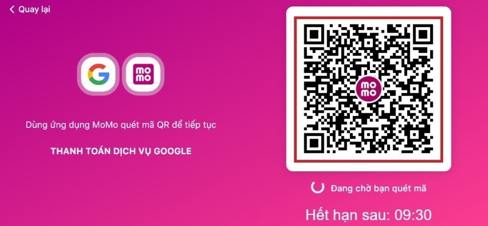 Quét mã MoMo để hoàn tất việc mua dung lượng Google Drive